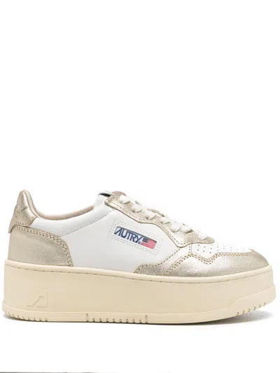 Autry Sneakers Medalist Platform Low In Pelle Bianca E Platino In Gold