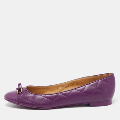 Pre-owned Ferragamo Purple Quilted Patent And Leather Bow Ballet Flats Size 40.5