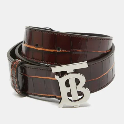 Pre-owned Burberry Dark Brown Croc Embossed Leather Tb Buckle Belt 80cm