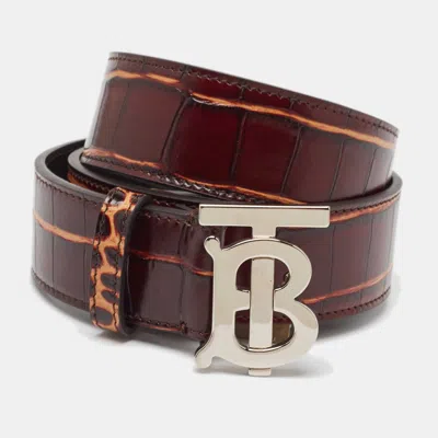 Pre-owned Burberry Brown Croc Embossed Leather Tb Buckle Belt 80cm