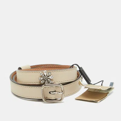 Pre-owned Burberry Off White Leather Crystals Dover Slim Buckle Belt 85cm