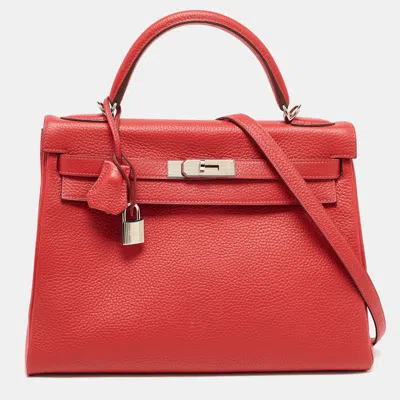 Pre-owned Hermes Hermès Rouge Casaque Togo Leather Palladium Finish Kelly Retourne 32 Bag In Red