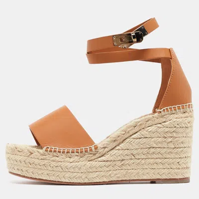 Pre-owned Hermes Beige/brown Leather Espadrille Tipoli Sandals Size 37