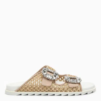 Roger Vivier Raffia Slidy Viv' Mule With Rhinestone Buckle In Beige