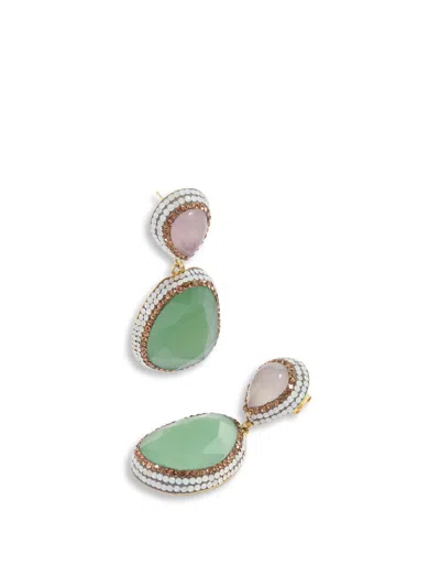 Soru Jewellery Women's Rose Quartz And Green Catseye Earrings Gold