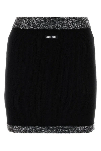 Miu Miu Embellished Ribbed Mini Skirt In Black