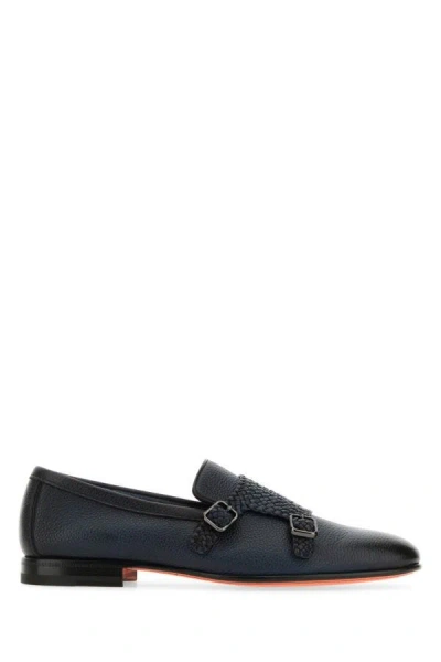 Santoni Man Dark Blue Leather Carlos Monk Strap Shoes