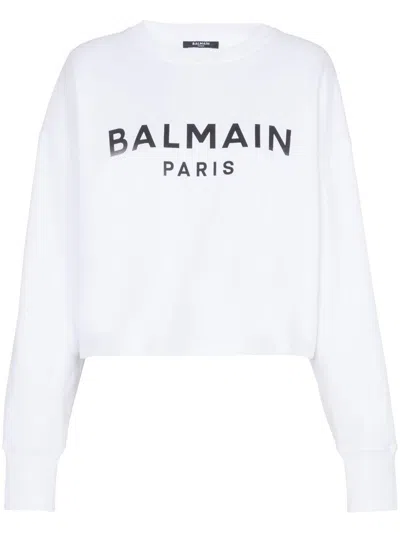Balmain Logo Organic Cotton Cropped Sweatshirt In White