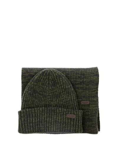 Barbour "crimdon" Scarf And Beanie Ribbed Set In Green