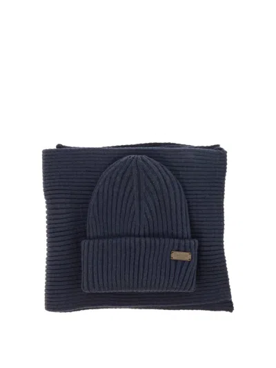 Barbour "crimdon" Scarf And Beanie Ribbed Set In Blue