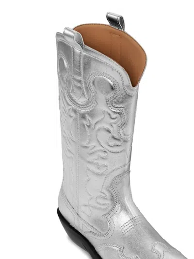 Ganni 'silver Mid Shaft Embroidered Western' Boots