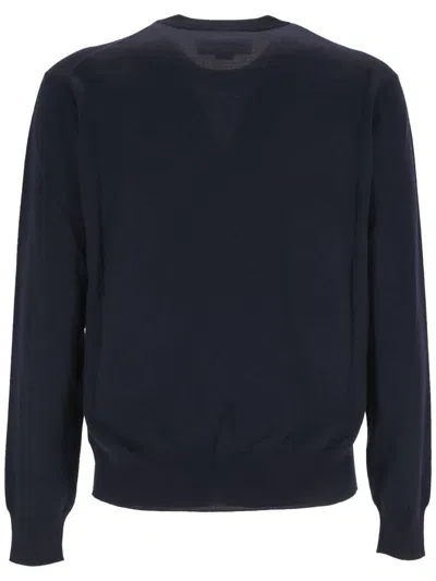 Gucci Logo Embroidered Knit Sweater In Dark Blue/ivory