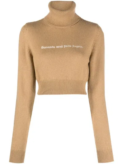 Palm Angels Cropped High Neck Sweater In Camel