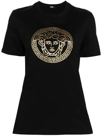Versace Logo Cotton T-shirt In Black