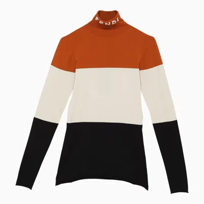 Fendi High Neck Jumper In Multicolored Lycra With Logo In Brown