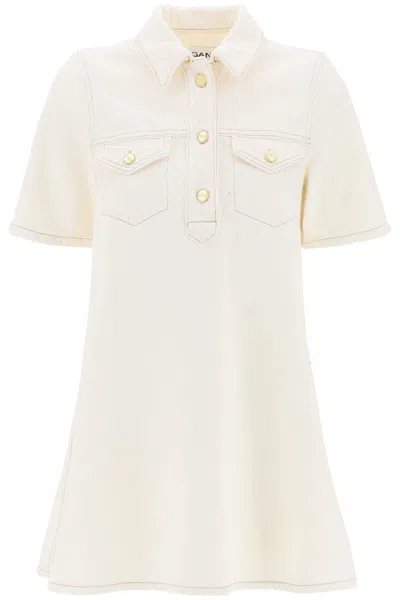 Ganni Organic Cotton Denim Mini Dress With Trapeze Silhouette In Bianco