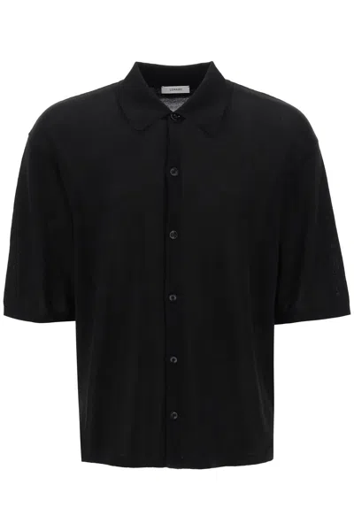 Lemaire Short Sleeve Cotton Knit Button-up Shirt In Black