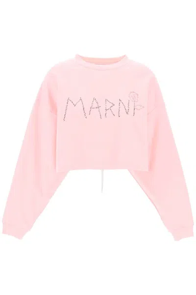 Marni Short Sleeve Boxy Sweatshirt With Hand-embroidered Logo And Floral Detail In Pink
