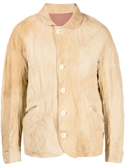 Visvim Crinkle-finish Leather Jacket In Neutrals