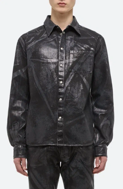 Helmut Lang Foiled Cotton Denim Shirt Jacket In Black Distress