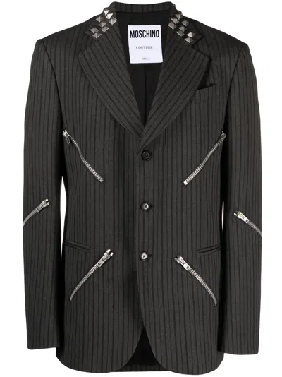 Moschino Decorative-zips Single-breasted Coat In Grey