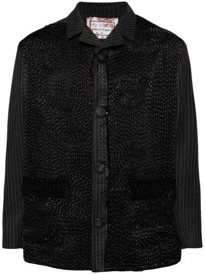 By Walid Embroidered Pinstriped Shirt Jacket In Black