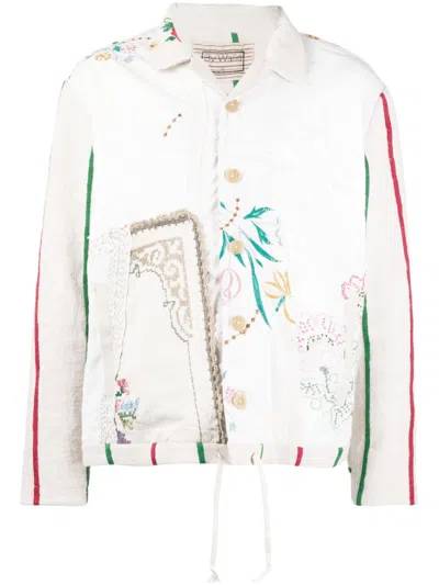 By Walid Floral-embroidered Buttoned Shirt Jacket In Neutrals