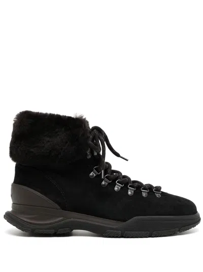 Brioni Faux Fur-trimmed Suede Hiking Boots In Black