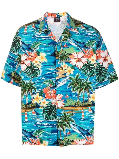 Paul & Shark Hawaiian-print Cotton Bowling Shirt In Blue