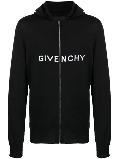 Givenchy Intarsia Knit-logo Wool Hooded Jacket In Black
