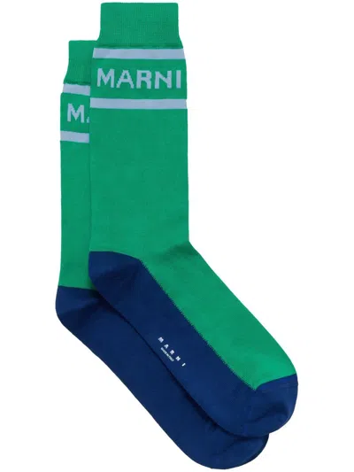 Marni Intarsia-knit Logo Ankle Socks In Green