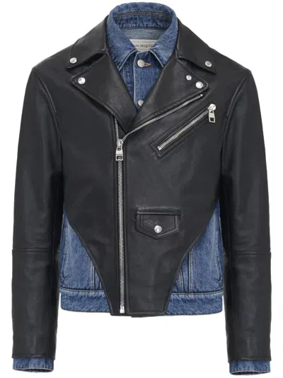 Alexander Mcqueen Leather Panelled Denim Jacket In Black