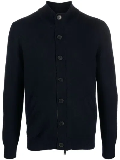 Brioni Leather-trimmed Cashmere Cardigan In Blue