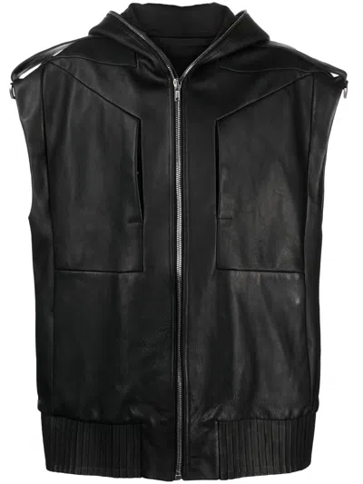 Rick Owens Lido Sleeveless Hooded Leather Jacket In Black