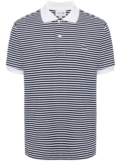 Lacoste Logo-applique Striped Cotton Polo In White/navy Blue