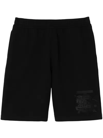 Burberry Logo刺绣棉运动短裤 In Black
