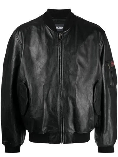 Raf Simons Logo-patch Leather Bomber Jacket In Black