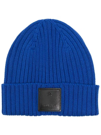 Givenchy Logo-patch Ribbed-knit Beanie In Blue
