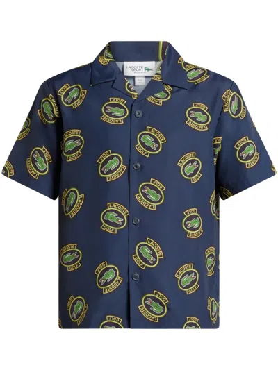 Lacoste Logo-print Camp-collar Shirt In Blue