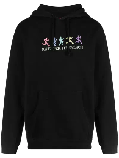 Kidsuper Mens Black Television Graphic-embroidered Cotton-blend Hoody In Multicolour
