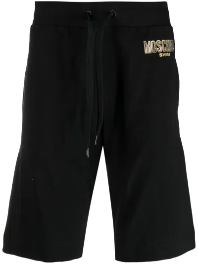 Moschino Logo-print Rhinestone-embellished Track Shorts In Black