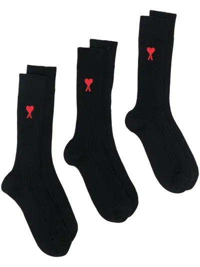 Ami Alexandre Mattiussi Set Of 3 Cotton-blend Socks In Black