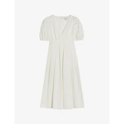 Ted Baker Womens White Ledra V-neck Puff-sleeve Stretch-cotton Midi Dress