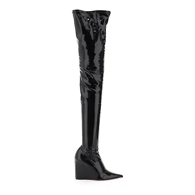 Pre-owned Amina Muaddi Latex Over The Knee Boots In Black
