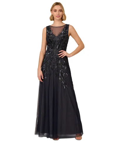 Adrianna Papell Beaded Metallic Sleeveless Mesh Gown In Navy Silver