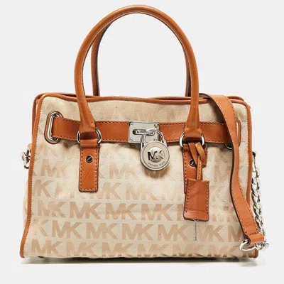 Michael Michael Kors Beige/brown Signature Canvas And Leather Hamilton Lock Tote