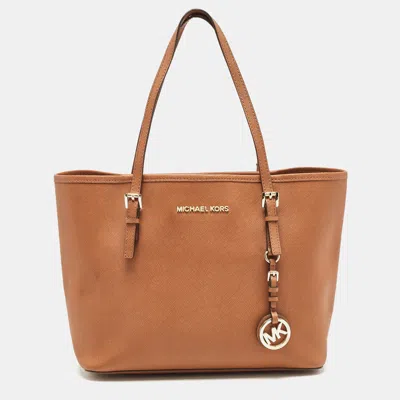 Michael Michael Kors Saffiano Leather Small Jet Set Travel Tote In Brown