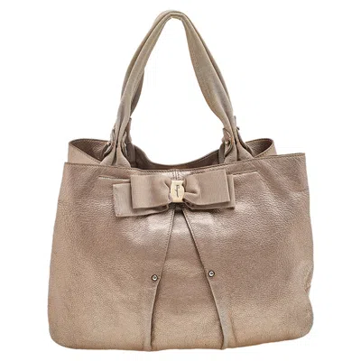 Ferragamo Metallic Bronze Leather Miss Vara Bow Tote In Beige