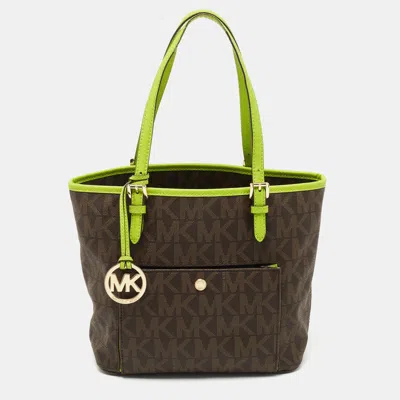 Michael Kors Brown/green Signature Coated Canvas And Leather Medium Snap Pocket Tote