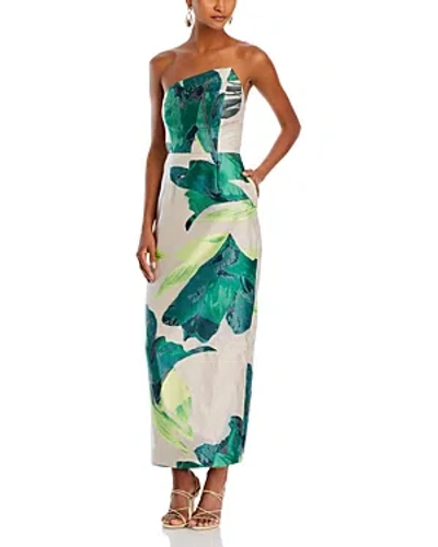 Milly Tropical Forest Jacquard Strapless Midi Dress In Green Multi